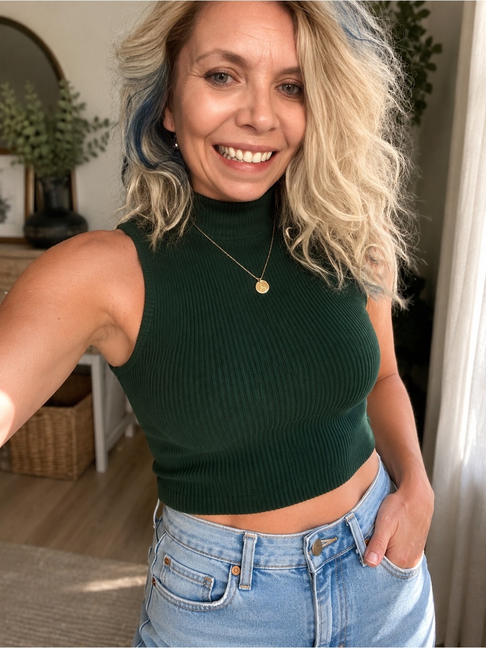 Zara Forest Green Ribbed Mock Neck Crop Top Sleeveless Stretch M/L